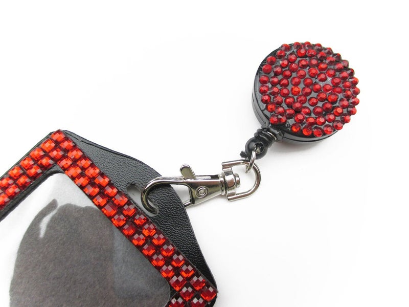 ALL in ONE Rhinestone Lanyard Bling Crystal Necklace + Badge Reel + Card Holder for Business Id/Key (RED) - Image 2